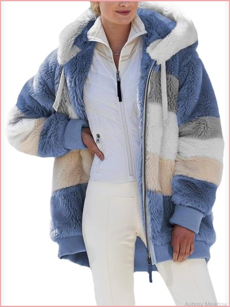 Womens Winter Fuzzy Fleece Hooded Color Block Patchwork Cardigan Coat With